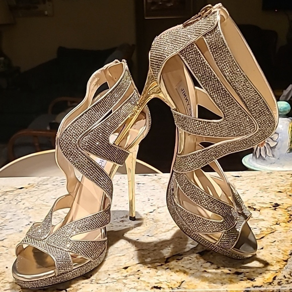 Jimmy Choo "Karla" shimmering stiletto peep toe back zip heels. Sz. 40.(10) - Picture 4 of 16